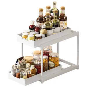 2 Pack 2 Tier Under Sink Organizer with Pull Out Sliding Drawers, Multi-Purpose Storage Shelf for Kitchen, Bathroom, Laundry, Office, Countertop Cabinet, Spice Rack, Anti-Slip Design