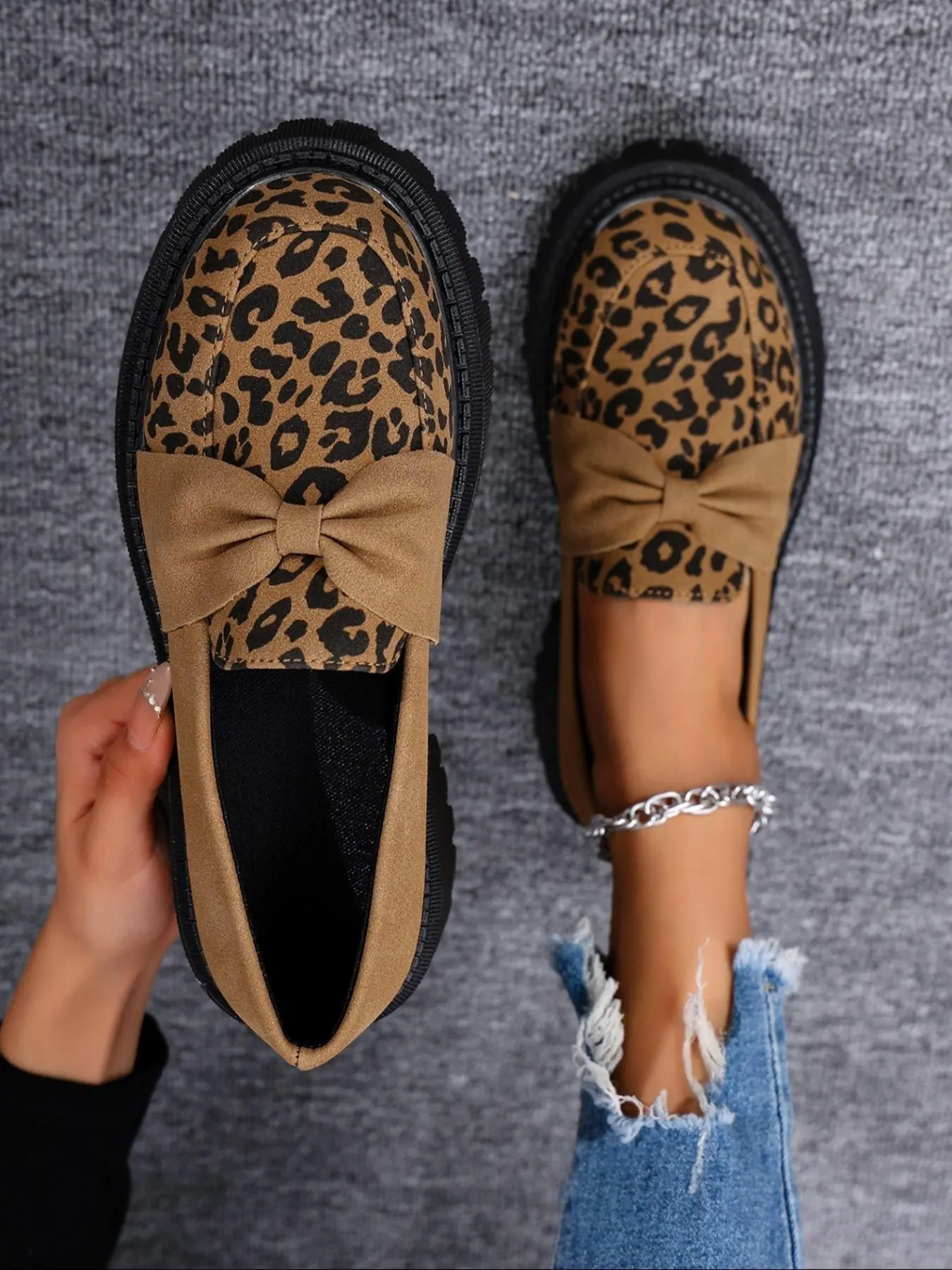 Women's Fashion Leopard Print Bowknot Design PU Leather Loafers, Casual Flats Comfortable Slip-On Shoes for Daily Wear, Lightweight Breathable Shoes for All Seasons