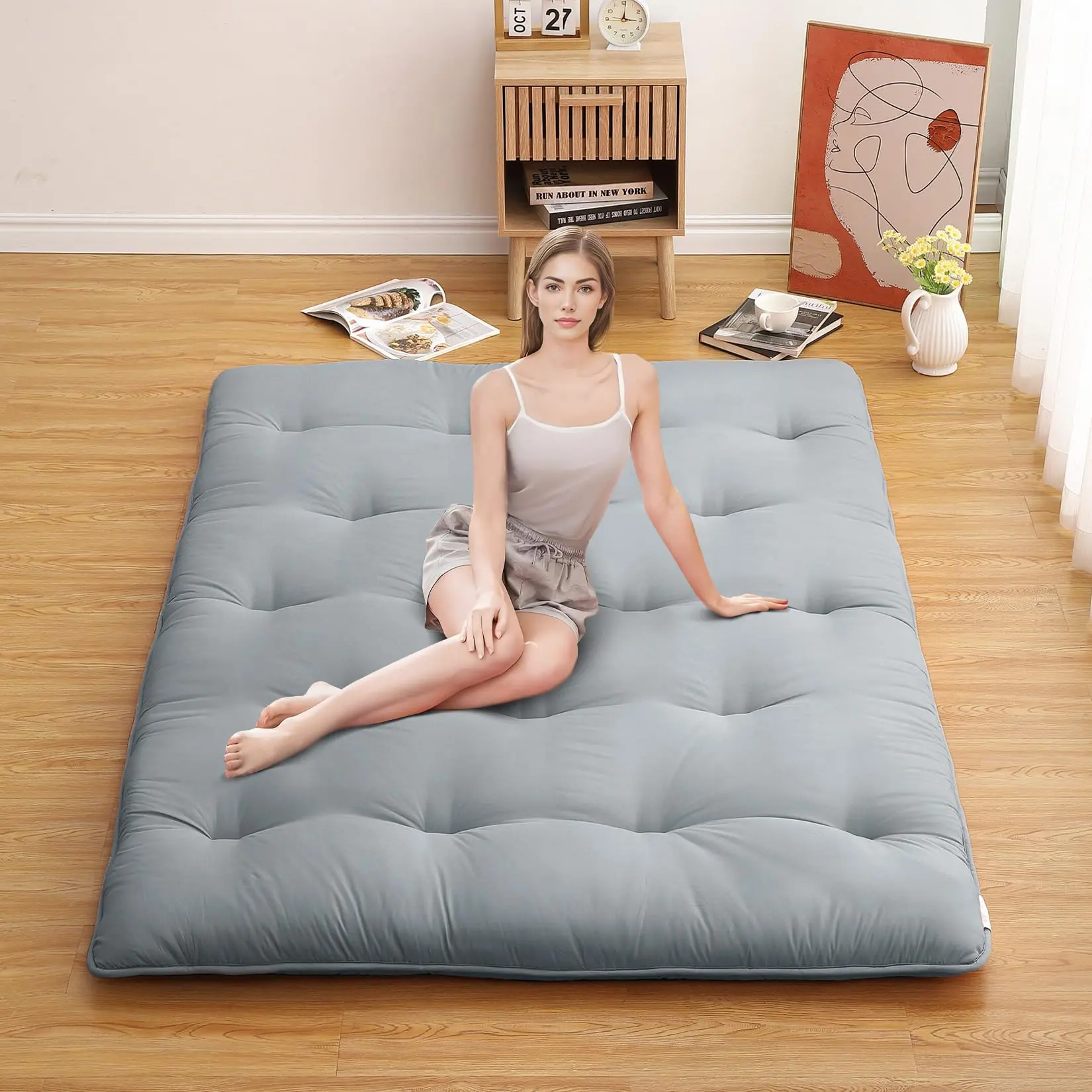 【GARVEE】Full Size Futon Mattress 54" x 80" Japanese Tatami Mat Foldable Floor Bed, Roll-Up Sleeping Pad for Dorm, RV, Travel, Lightweight and Comfortable for Adults and Kids in Light Grey