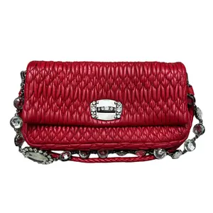 Pre-owned miu miu Leather Shoulder Bag Crystal Red Nappa Matelassé Silver Clasp 29845899