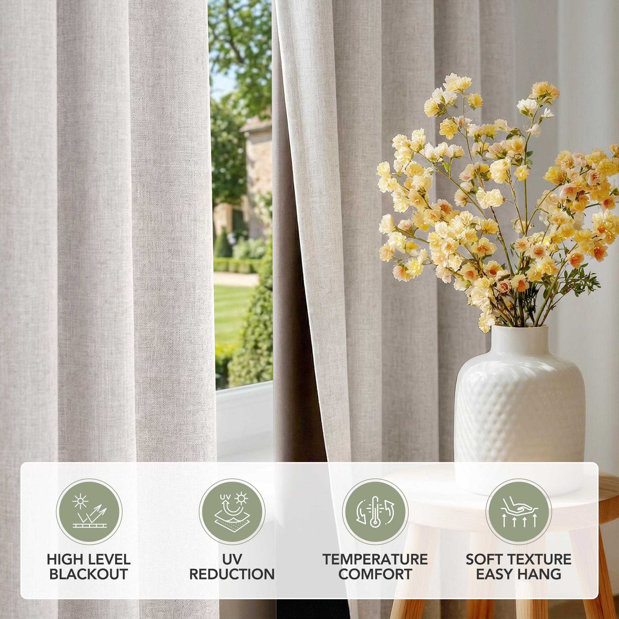 Deconovo Linen 100% Blackout Curtains, Thermal Insulated Panels with Back Tab Top, Noise Reducing Light Blocking & Privacy Curtains for Bedroom/Nursery/Home Theater, 2 Panels