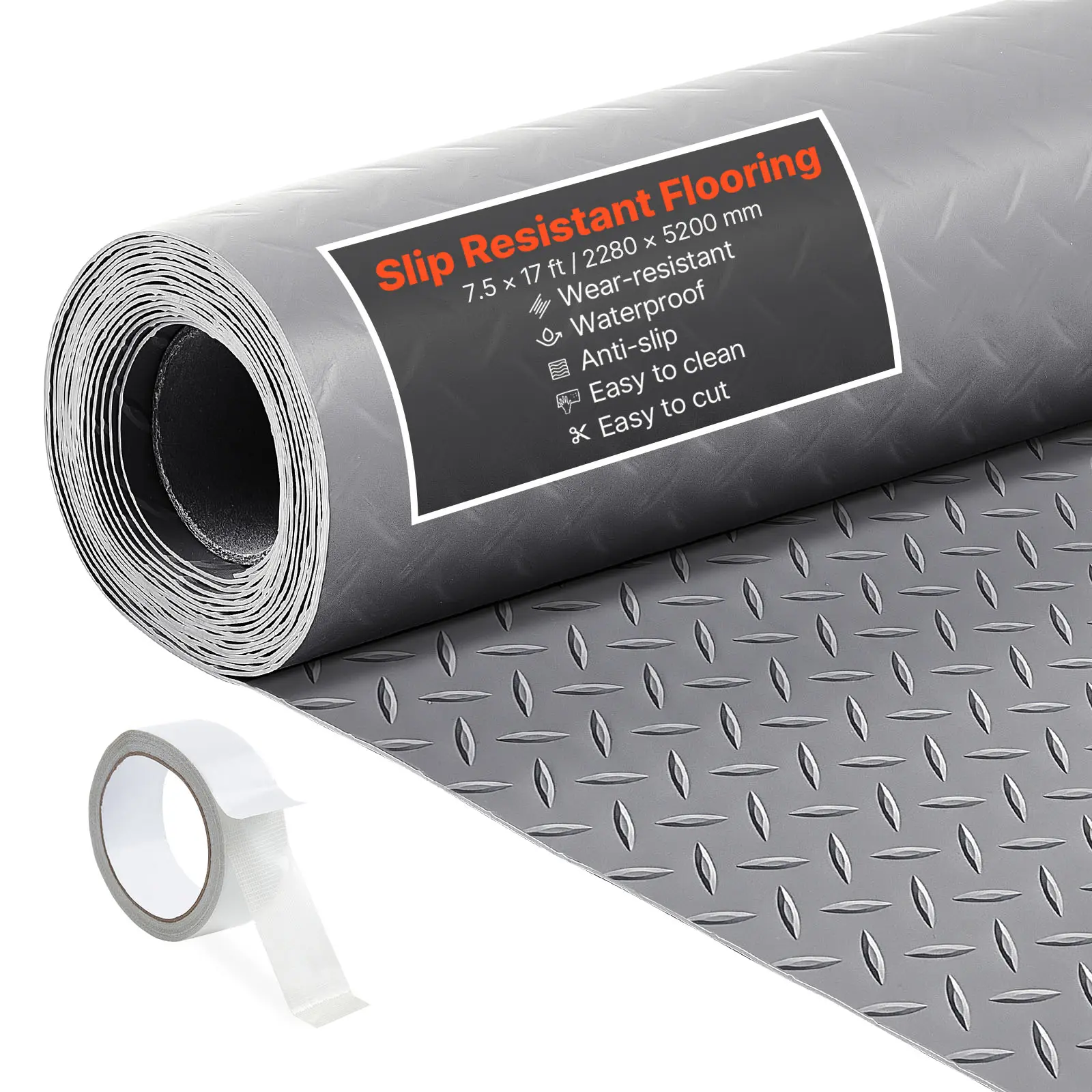【SummerFinds】VEVOR Garage Floor Roll, 7.5 x 17 ft Garage Flooring Mat, 2.2 mm Thickened PVC Diamond Plate Floor Protector Mat with Double-sided Tape, Non-Slip, Easy to Clean for Warehouse, Gyms,Silver Gray