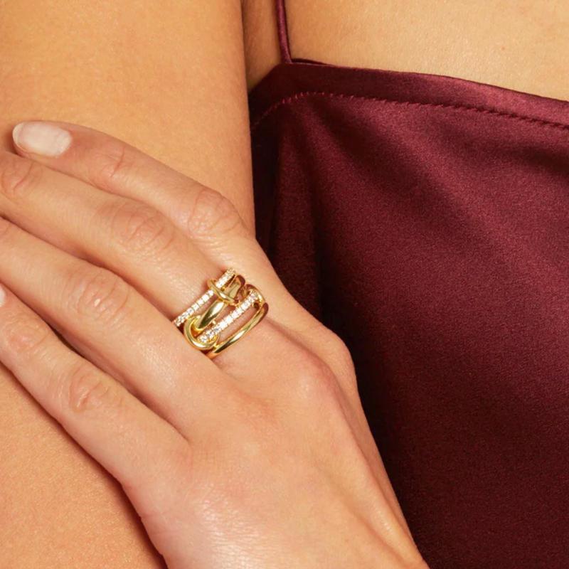 Tewiky Gold  Interlocked Stackable Rings for Women - Statement Multi Ring Mixed Metals Stack - Cubic Zirconia Two-Toned Stacking Jewelry