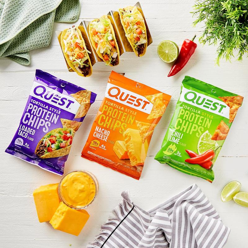 Quest Nutrition Tortilla Style Protein Chips Variety Pack, Chili Lime, Nacho Cheese, Loaded Taco, Low Carb, High Protein, Gluten Free, 1.1 oz (Pack of 12) Snack