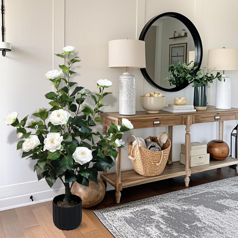 2 Pcs 3-foot Camellia Tree with Decorative Pebbles, Flower Pot, 24 Realistic Flowers, 188 Leaves for Indoor, outdoor courtyard Home Decor