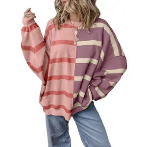 EVALESS Womens Casual Striped Oversize Sweatshirts,Crewneck Long Sleeve Knitted Color Block Pullover Tops,Loose Fit Lightweight Sweaters for Women,2026 Fashion Womenswear Spring Outfits