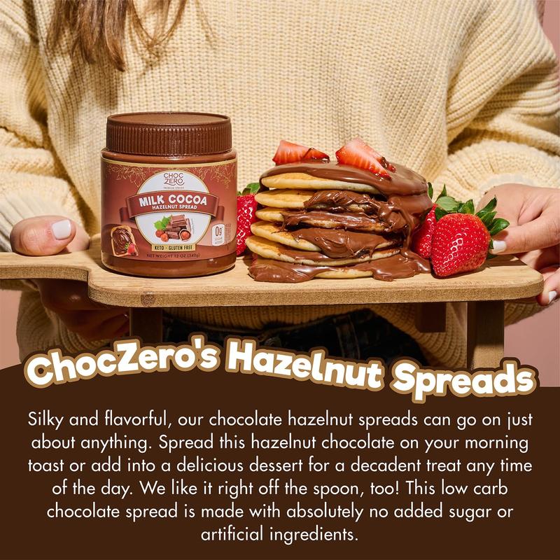 ChocZero Milk Chocolate Hazelnut Spread - No Added Sugar, Keto Friendly Low-Carb Chocolate Hazelnut Dessert & Bread Topping, Gluten Free, High Fiber, 12 oz Jar, Sweet