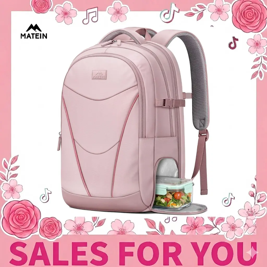 【Back To School】MATEIN Women's Laptop Backpack with Insulated Lunch Compartment, 17.3 Inch Waterproof Work Backpack for Office Commute, RFID Pocket Teacher Nurse Travel Bag, Pink Summervibes Business Computer Bag Traveling Bag