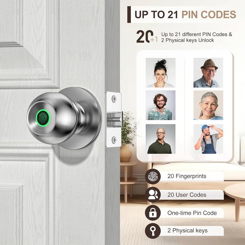 Valentine's Day Gift EuerTE Smart Lock Fingerprint Door Knob with App Control Key Type-C Port Emergency Charging Biometric Lock for Front Door Home Apartment Office FathersDayGift