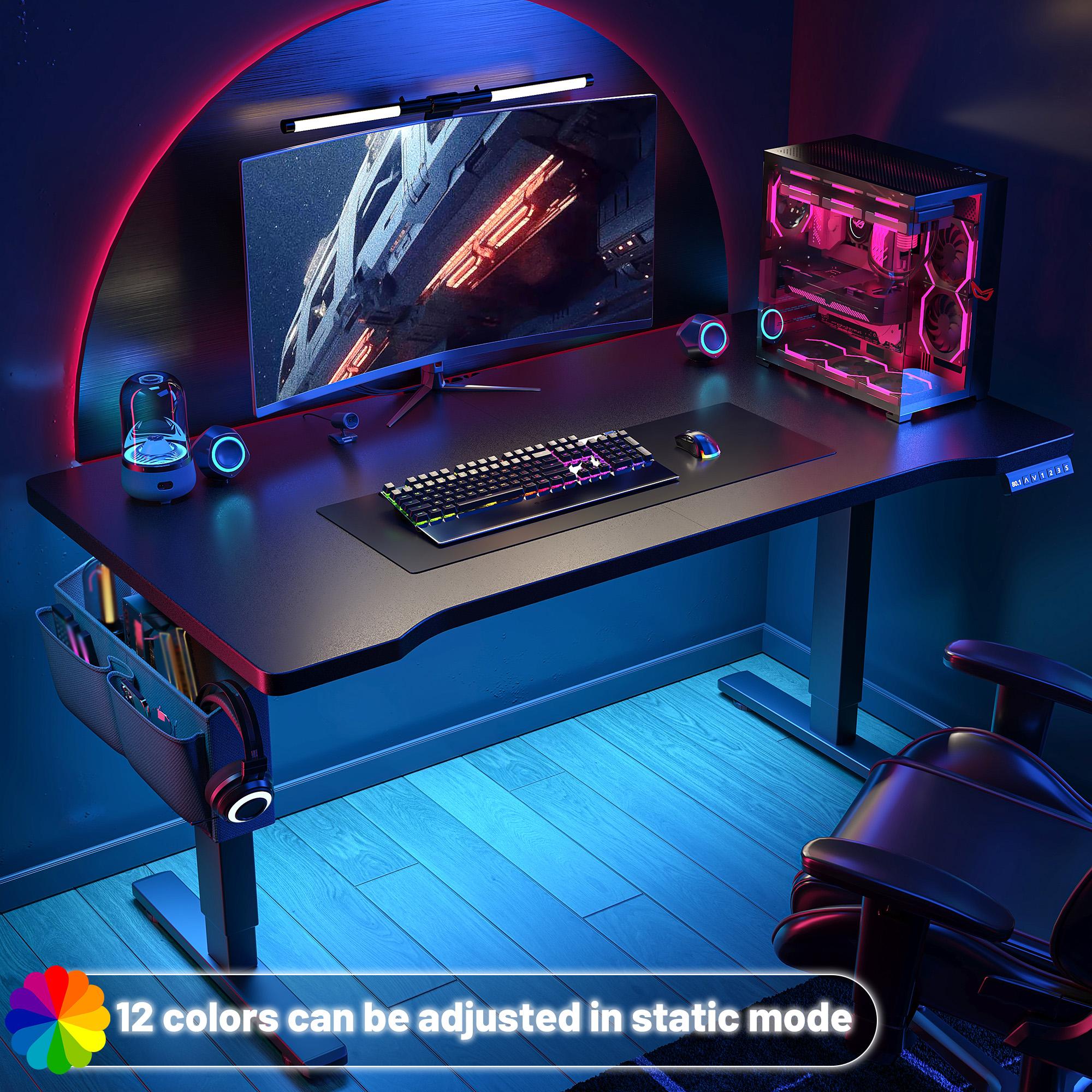 【Smart Memory Height】Raybee Electric Standing Gaming Desk with LED 56'' Sit Stand Up Desk Adjustable Height 3 Memory Preset Computer Home Office Desk with Side Pocket