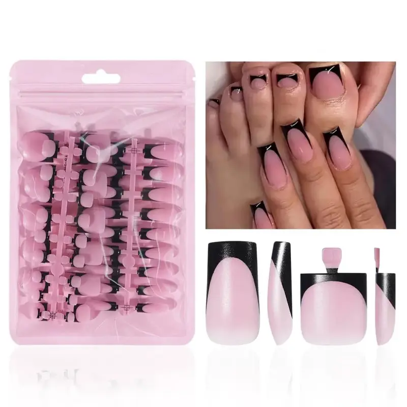 60 count Black French Tip Press on Nails & Press on Toenails Set, Square Press on Nails Medium Fake Nails Black French Press on Toenails Full Cover Stick on Press ons for Women