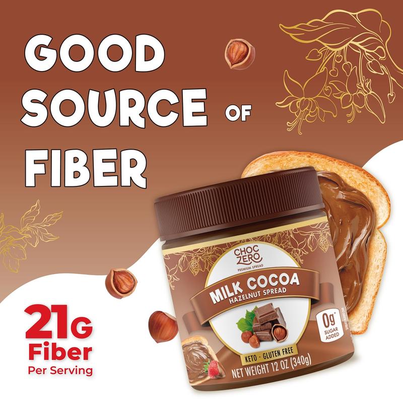 ChocZero Milk Chocolate Hazelnut Spread - No Added Sugar, Keto Friendly Low-Carb Chocolate Hazelnut Dessert & Bread Topping, Gluten Free, High Fiber, 12 oz Jar, Sweet