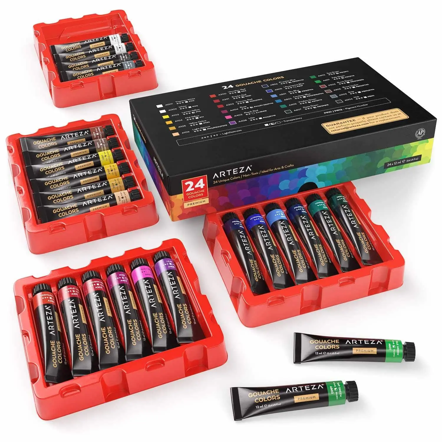 Arteza® 24 Pcs 12ml Gouache Paint Set (ARTZ-8155) for Artists, High Pigment Bold Matte Finish, Fast-Drying, Ideal for Paper Artwork, Supports Blending & Mixed Media DIY Painting Supplies