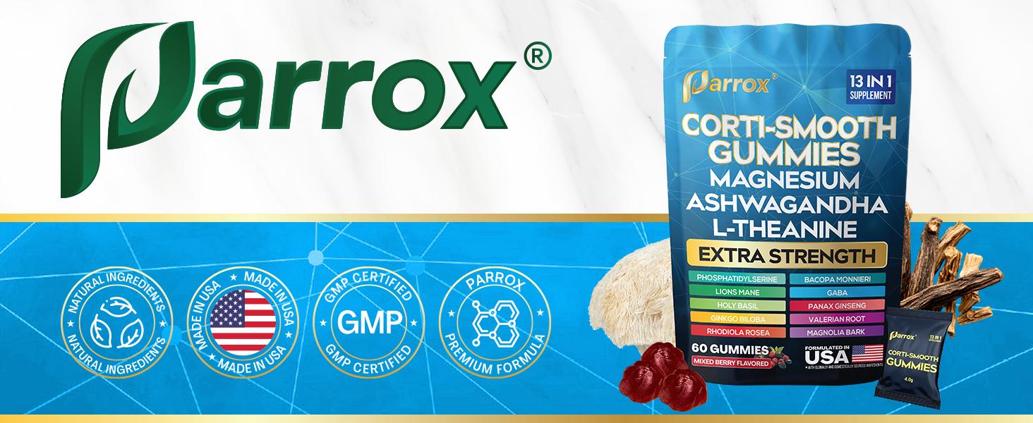 Corti-Smooth Gummies (Mixed Berry Flavor) - Parrox 13 in 1 Magnesium Supplement with L-Theanine, Lions Mane & More Natural Ingredients - Made in USA - (60 Gummies)