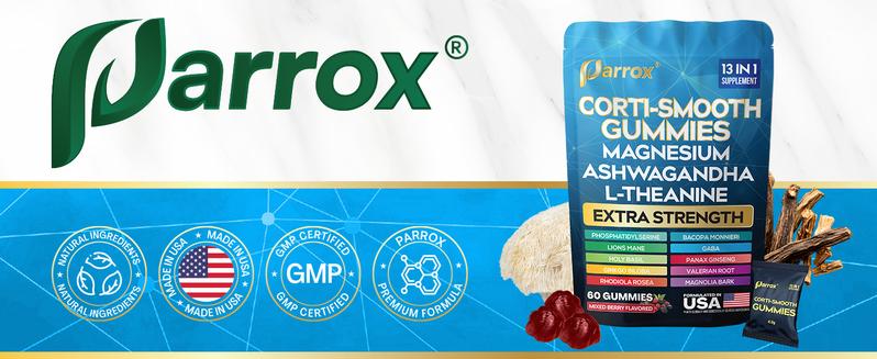 Corti-Smooth Gummies (Mixed Berry Flavor) - Parrox 13 in 1 Magnesium Supplement with L-Theanine, Lions Mane & More Natural Ingredients - Made in USA - (60 Gummies)