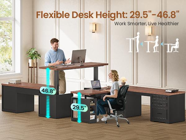 SEDETA Farmhouse L Shaped Electric Standing Desk, 63" x 67" Height Adjustable Home Office Executive Desk with Drawers and Shelves, Standing Computer Desks with Power Outlet for Home Office