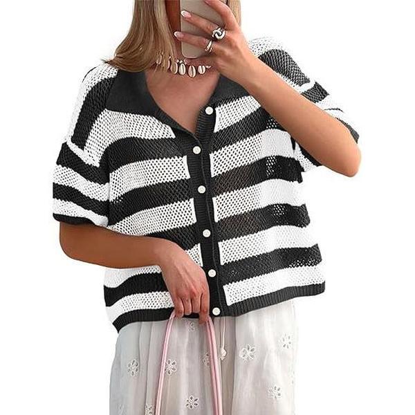 Cicy Bell Womens Summer Striped Crochet Cardigan Sweater Half Sleeve Button up Tops Loose Fit Cover Up