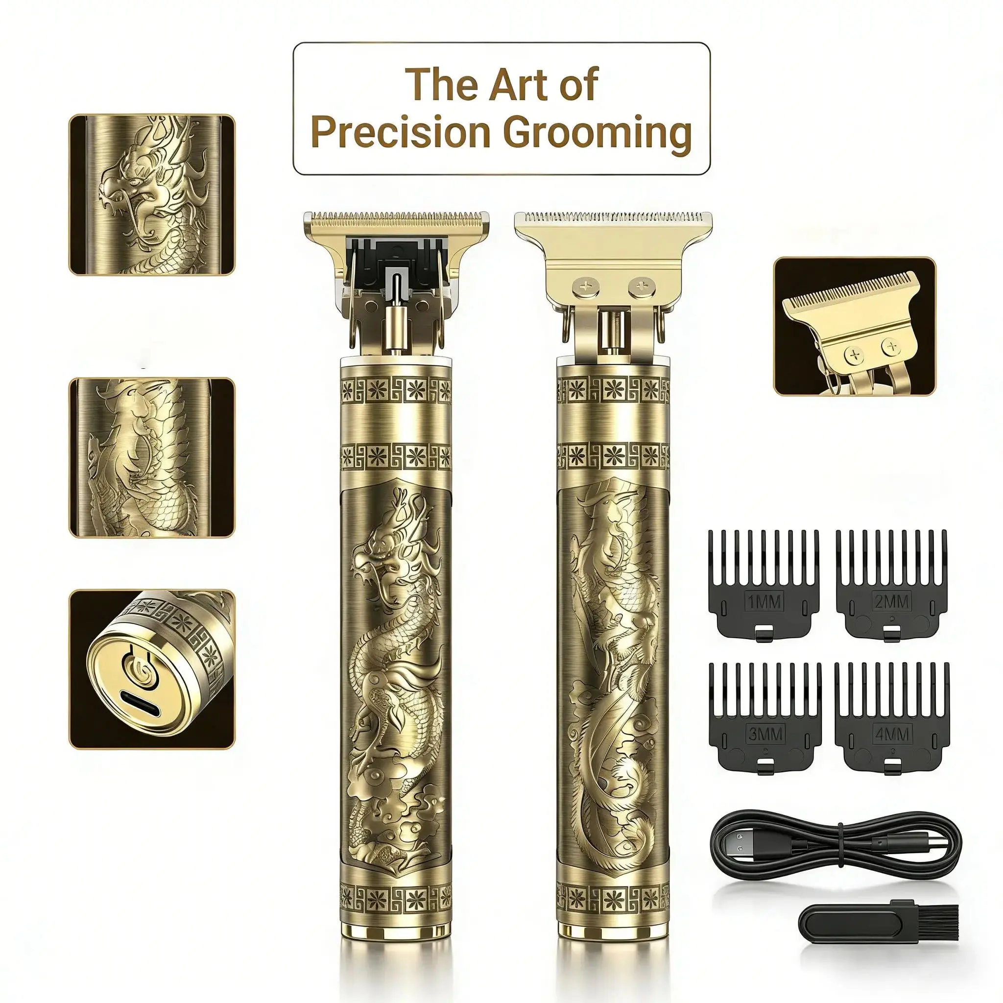 Men's Professional Cordless Trimmers Kit - Vintage Engraved Metal Cylindrical Body Golden Dragon Hair Trimmer Clippers, Rechargeable, Precision T-Shaped Blades, Home Grooming Use (Luxury Retro Gold), Handle, Hair Shaving Tool
