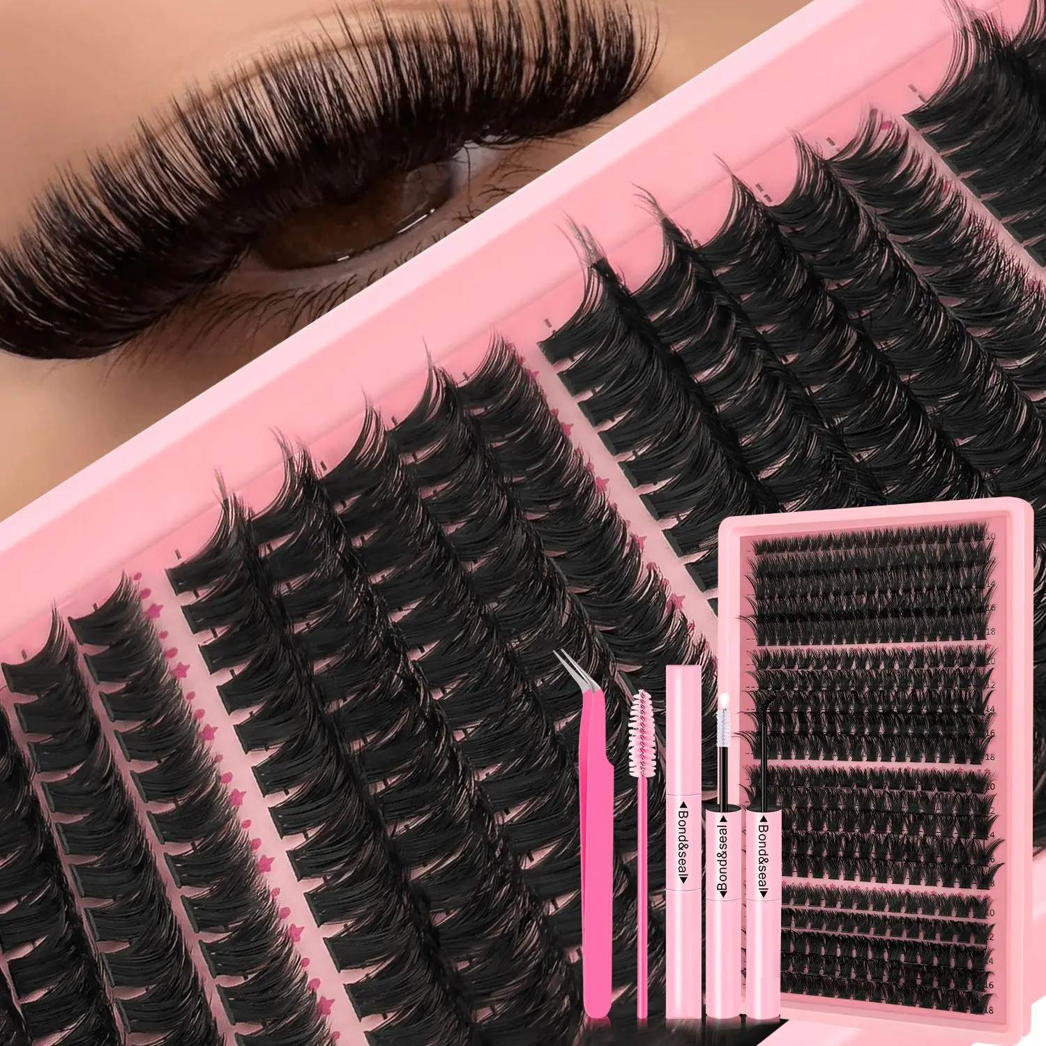 330PCS Black Fluffy Eyelash Clusters Kit with Glue, Tweezer & Storage, 80D-120D-160D Dramatic D Curl 10-18MM Individual Clusters Lashes, Long-Lasting Beginner Party Makeup Tools