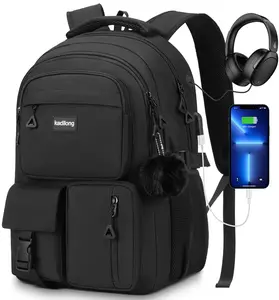 kadilong 15.6 Inch Laptop Backpack for Teens & Adults, Large Capacity Multi-Compartment Backpack with USB Charging Port & Headphone Jack, Water Resistant Bookbag with Cute Pom Pom, for School, College, Work, Office, Business Trips, Travel & Daily Commute