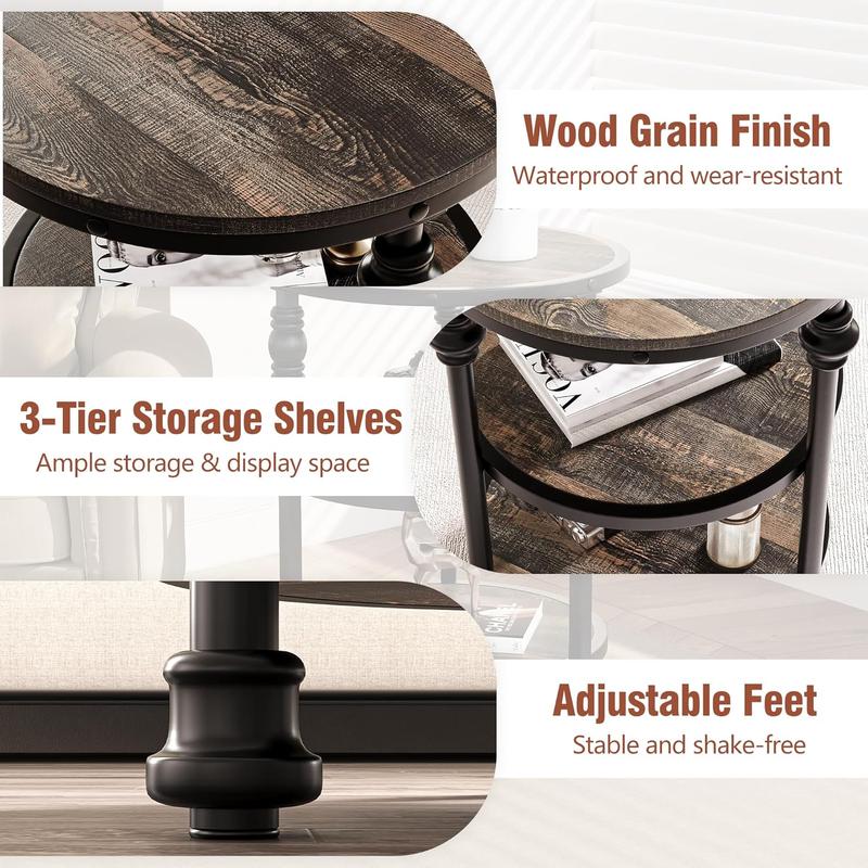 Round 3-Tier End Table with Storage, Rustic Farmhouse Side Table with Metal Column Legs, Dark Oak Accent Table for Living Room Bedroom, Industrial Style Nightstand, Easy Assembly