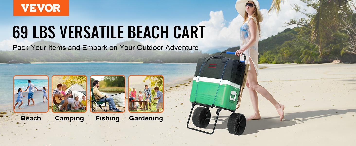 VEVOR Beach Dolly with Big Wheels for Sand,  15.4" x 15.7" Cargo Deck, w/ 10" PE Solid Wheels, 69LBS Loading Capacity Folding Sand Cart, Heavy Duty Cart for Picnic, Camping, Fishing, Beach, Gardening