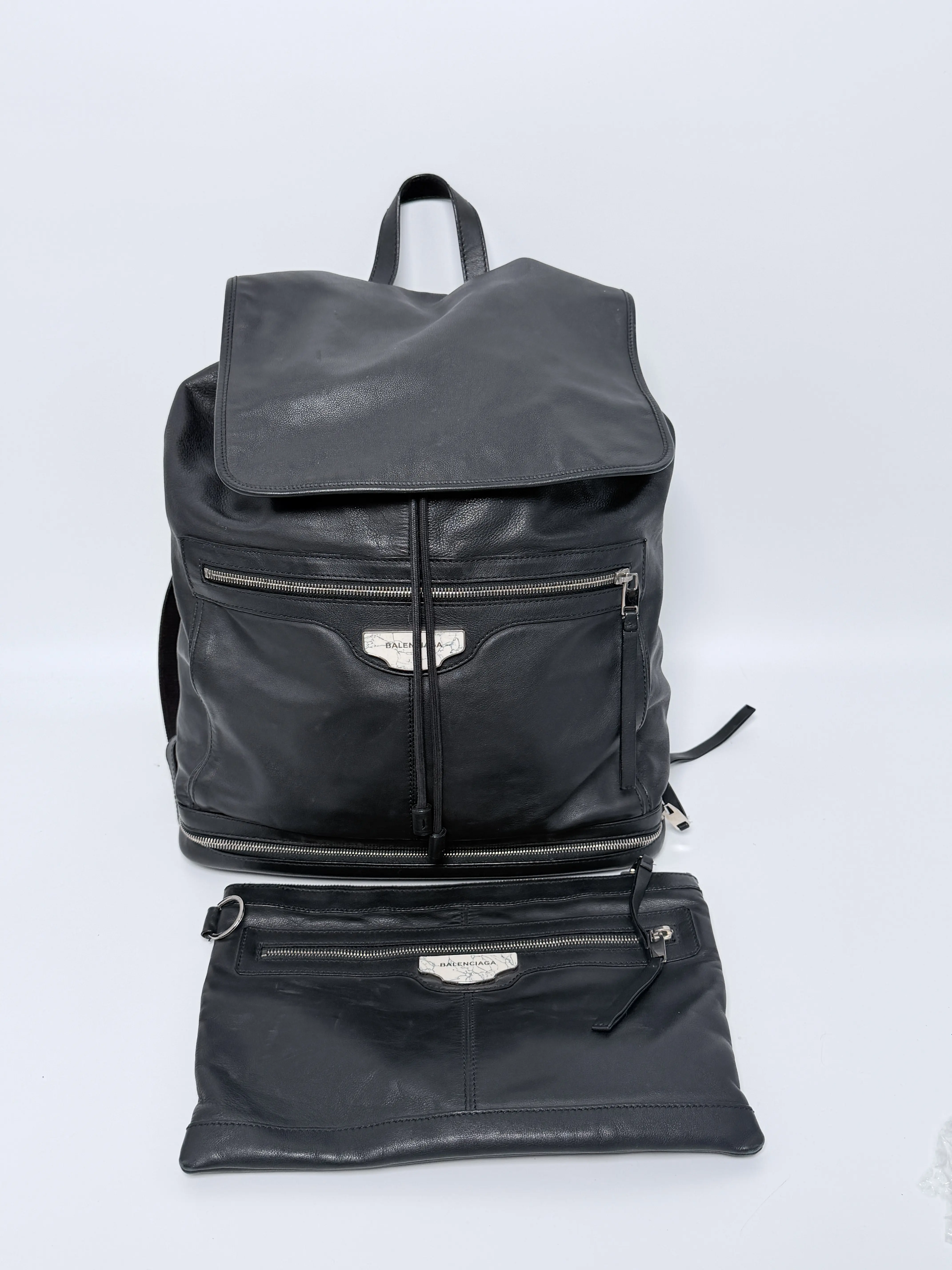 Pre-owned Balenciaga Leather Backpacks Classic Black Backpack with Pouch BIN012BB