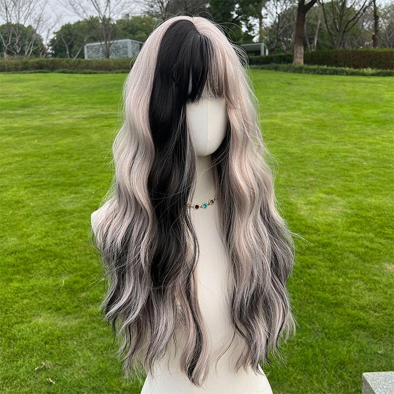 SMILCO/28Inch Highlight Black and Grayish-pink with Bangs Synthetic Hair For Halloween/Cosplay /SM391