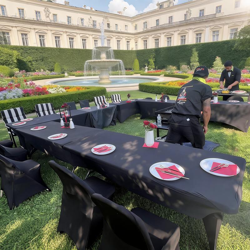 VBXNT 2PCS 6FT Stretch Full-Cover Tablecloth (Black, White) Washable Wrinkle Resistant Durable Design Table Cover Fitted for Event, Wedding, Banquet, Parties Decor [72Lx30Wx30H Inch]