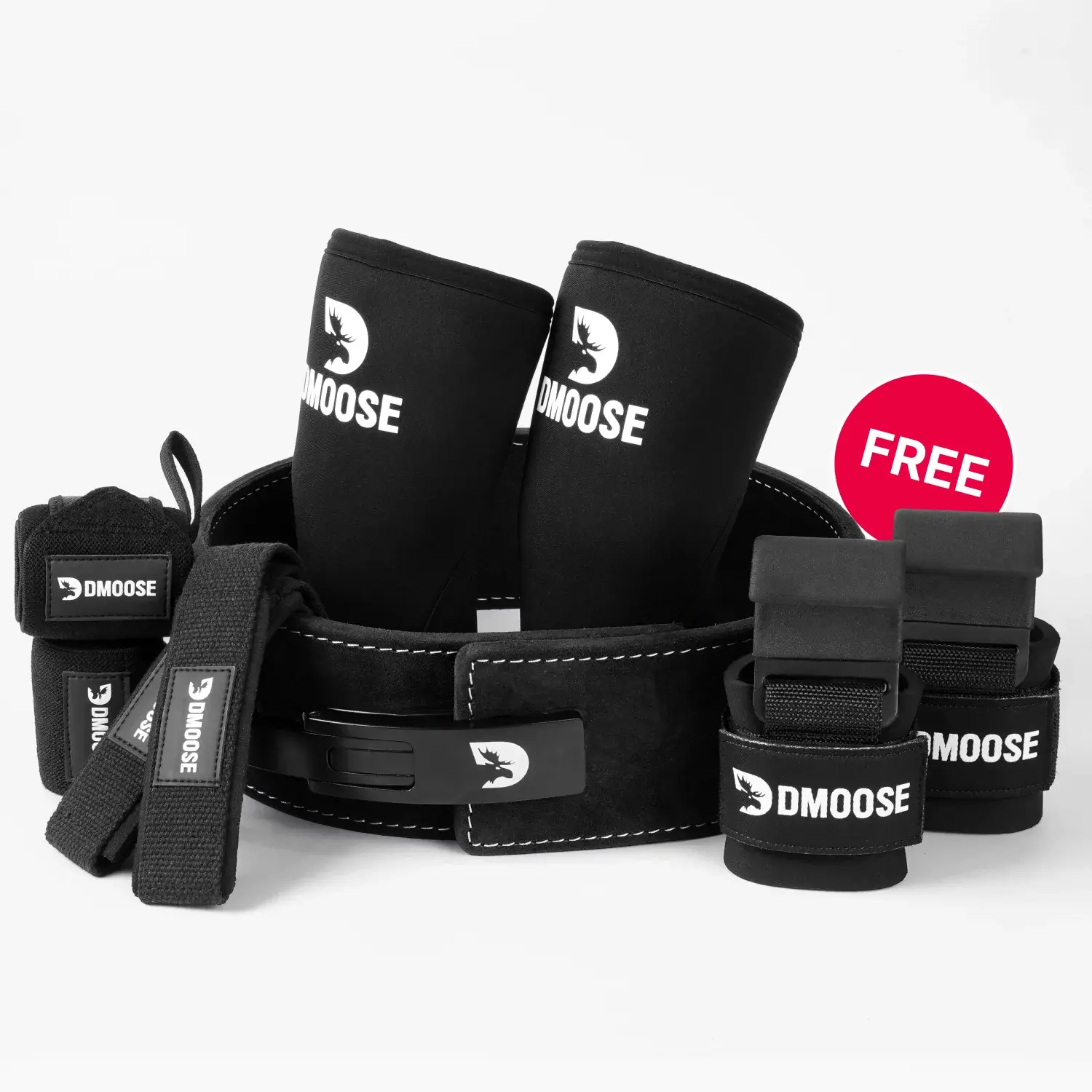 DMoose Lifting Kit - 10MM Lever Belt, 7MM Knee Sleeves, Weightlifting Hooks, 18" Wrist Wraps & Padded Lifting Straps Bundle