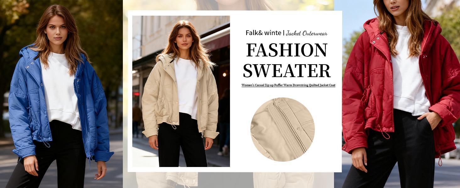 Tanming Women's Oversized Quilted Hooded Jacket with Pockets and Adjustable Hem Warm Casual Loose Fit Short Winter Coat Outerwear for Cold Weather