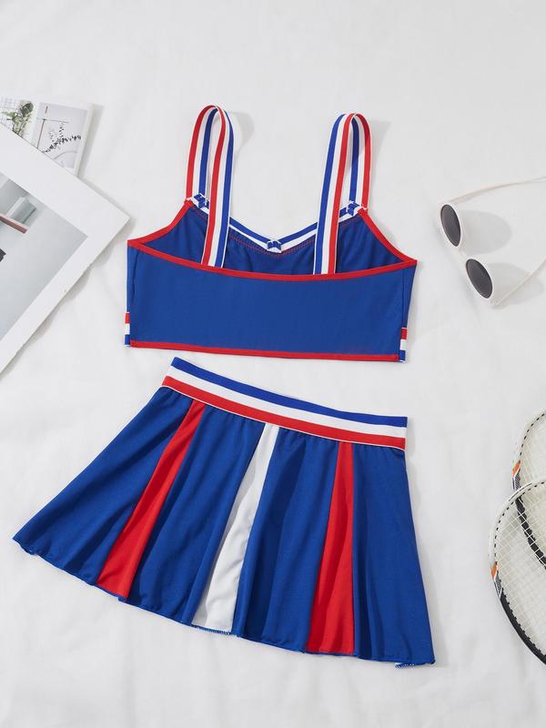 Women's Colorblock Cheerleading Uniform Set, Cheerleader Costume Set, Cute Bandeau Bra & Skirt Set for Cosplay Party, Ladies Underwear Set