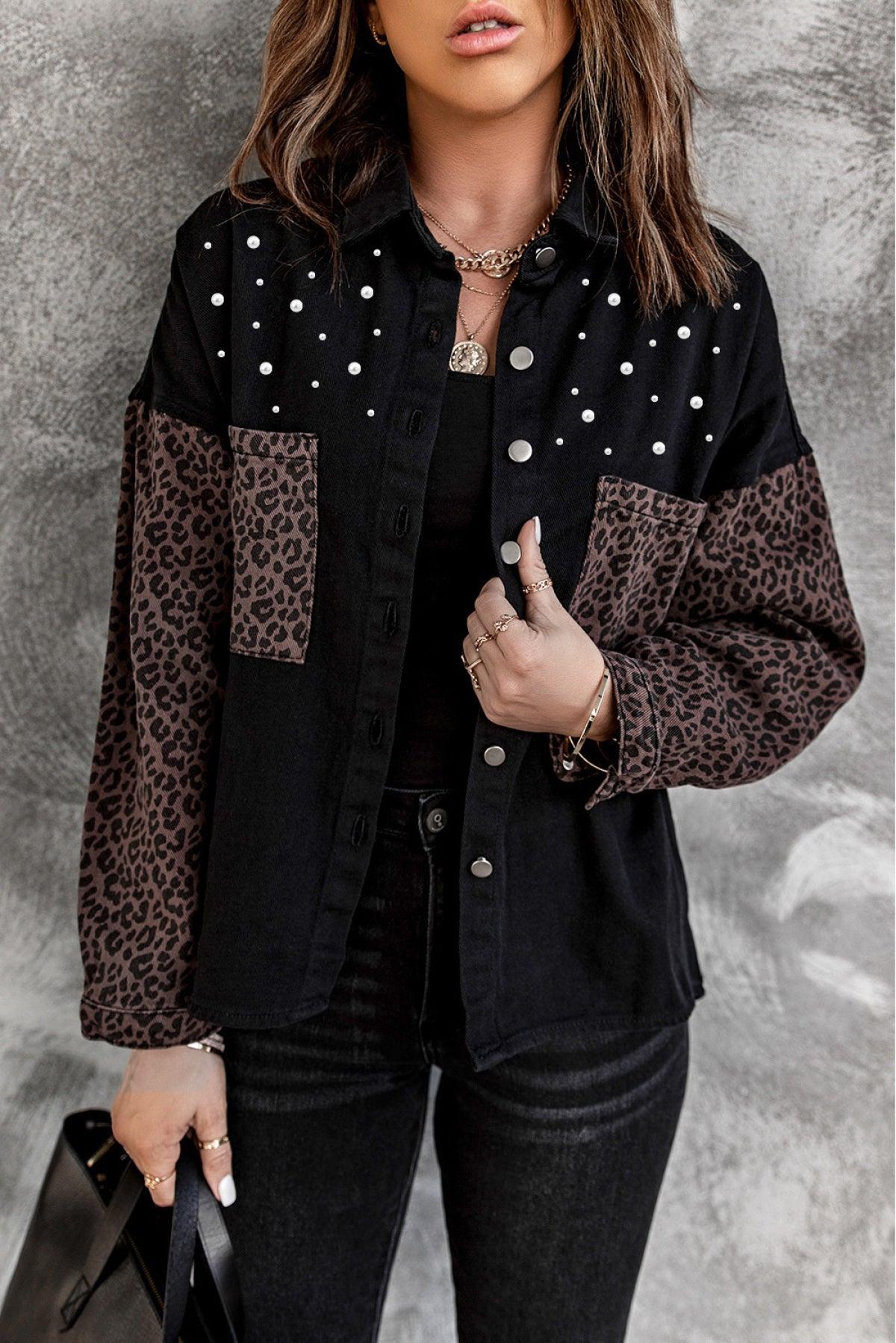 EMMA BLACK LEOPARD PATCHWORK BEADED CHEST POCKETS DENIM JACKET Cotton Casual Slim-fitting Plain Floral Striped Black White Summer