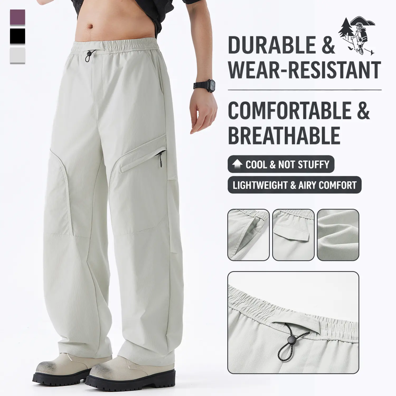 Men’s fashion cargo pants with multiple pockets, a drawstring elastic waistband for easy wear, a loose fit, and a wide-leg length. A versatile gift for family and friends—comfortable, breathable, durable men’s trousers.