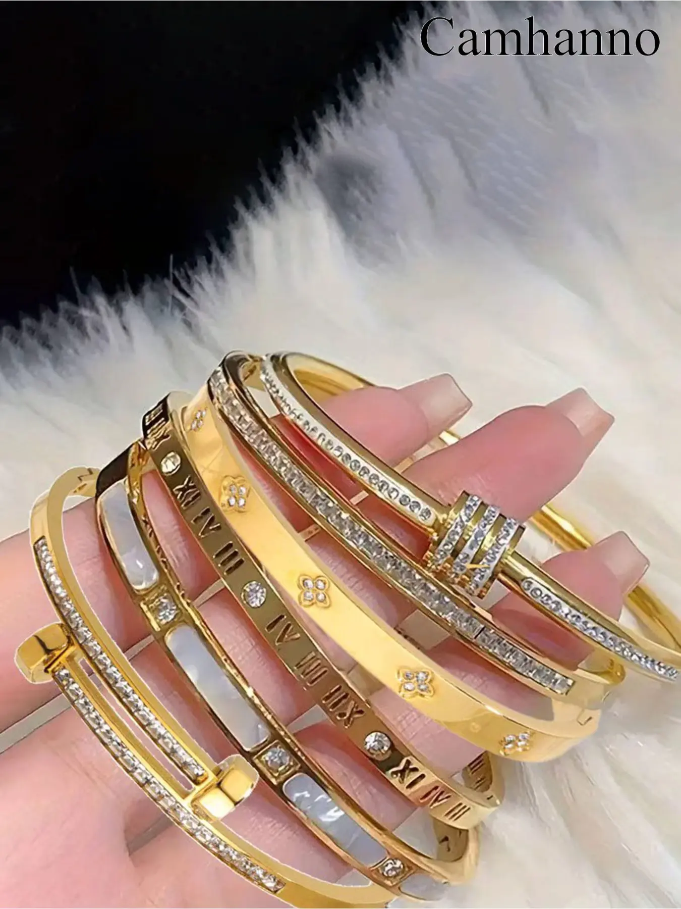 6-piece French luxury bracelet set, Bracelet bundle, made of 304 stainless steel, suitable for daily wear, perfect for gifting during holidays, Rhinestone Decorated Bangle, Trendy Stack Bangle, Bracelets Stack, Cuff Bangle Set