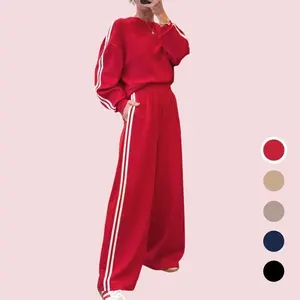 Varsity Striped Detail Crewneck Pullover and Elastic Waist Loose Sweatpants Outfit, Colorblock Stripe 2Pcs Sweatsuit Casual Womenswear