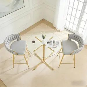 Bellemave   2-person glass bar table combination, 3-piece modern kitchen bar table set including 2 cotton and linen soft cushioned bar chairs, suitable for glass bar table combination in kitchen and dining rooms