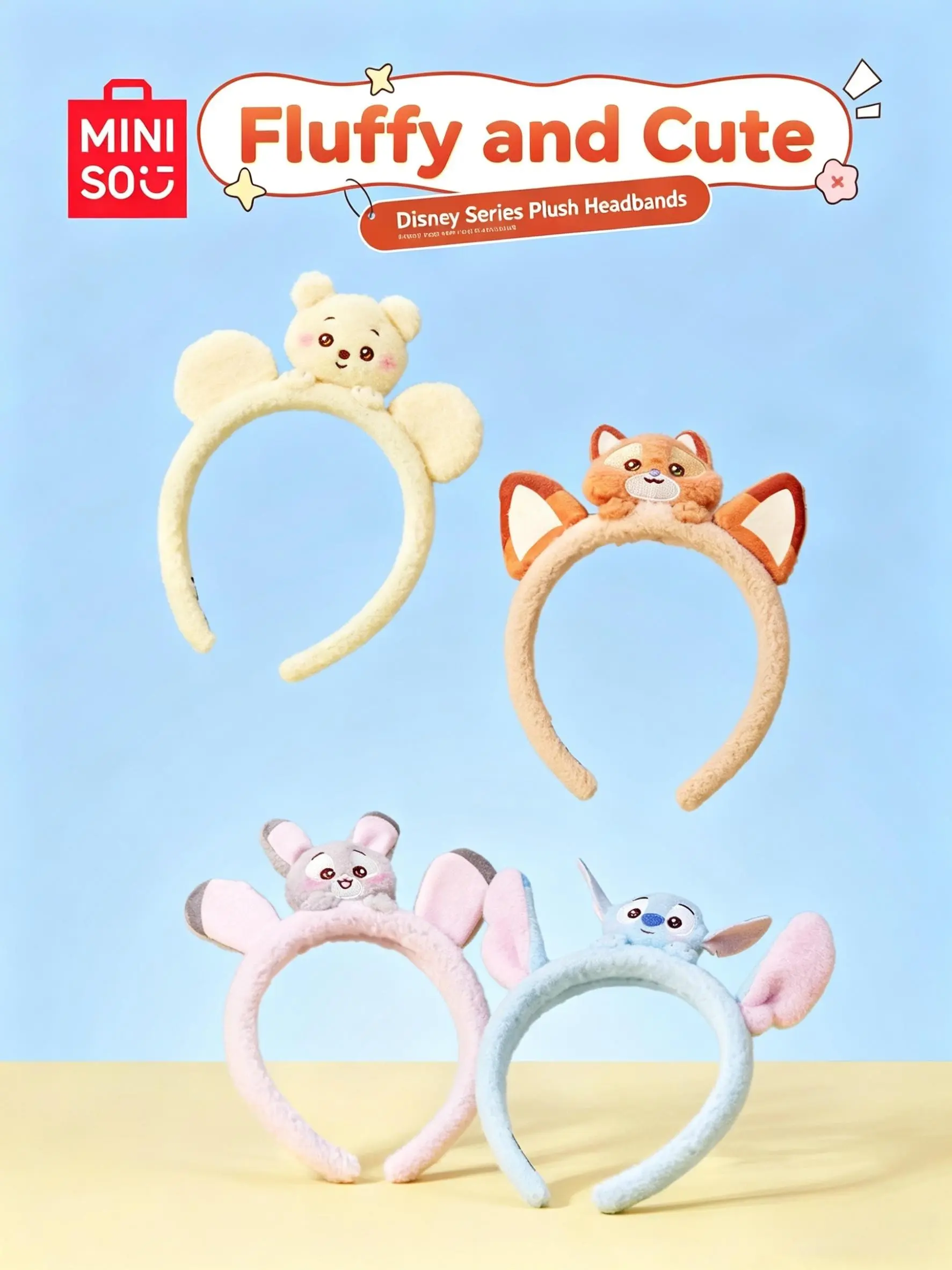Disney Plush Headband - Cute Nick/Judy/Stitch/Pooh Cartoon Ears Hair Hoop, Soft Fluffy Polyester Headband for Skincare/Makeup/Disney Trip, Cute Gift for Girls & Disney Fans