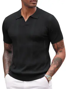 COOFANDY Mens Knit Polo Shirts V Neck Textured Polo Shirts Short Sleeve Breathable Polo Casual Collared T Shirt Fashion Tops