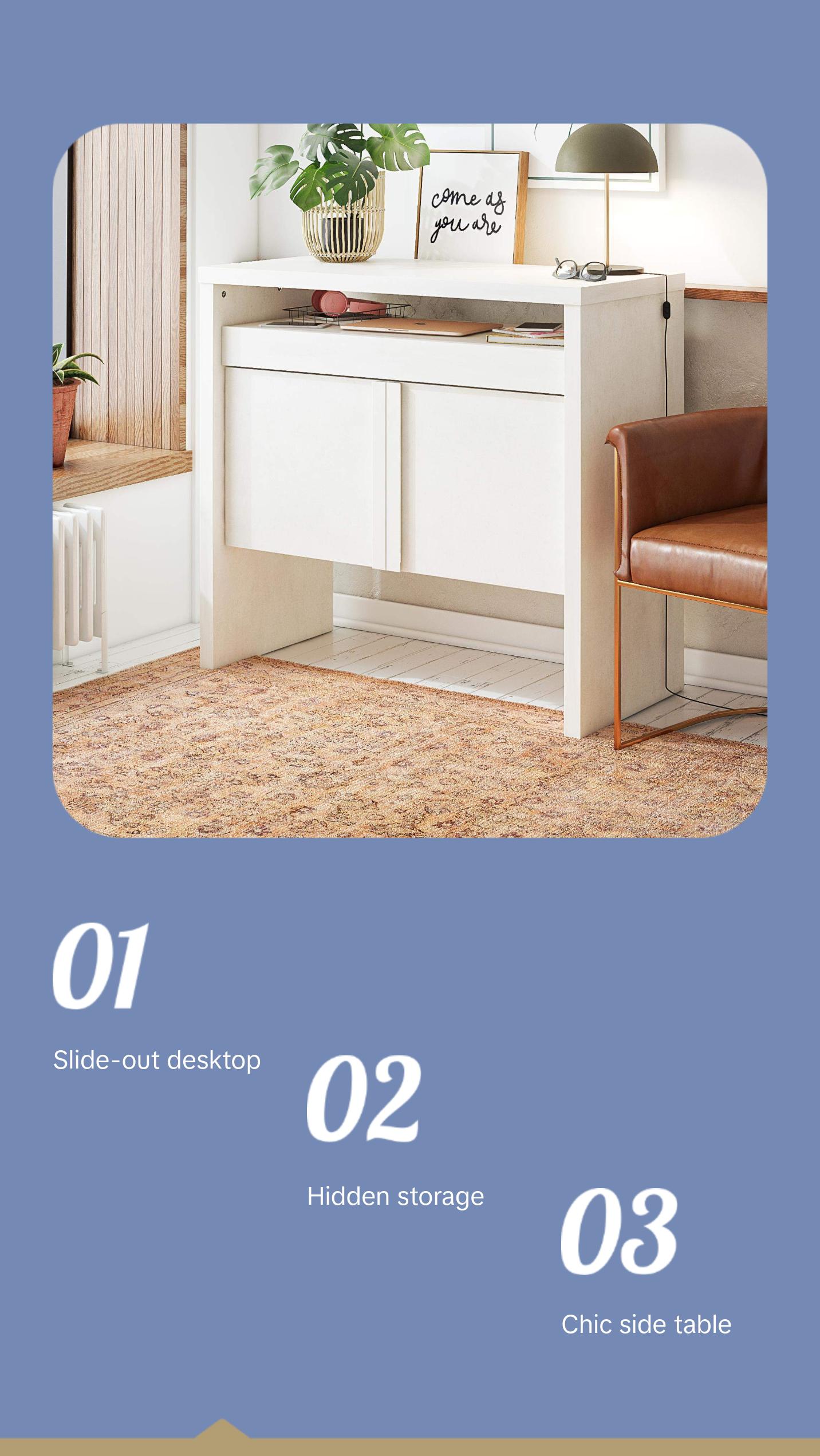 Neely Slide Out Desk by Mr. Kate - Textured White Plaster and Natural Wood Tones - Multipurpose Slide-Out Desktop and Hidden Storage