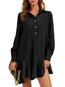 Wenrine Women's Casual Button Down Shirt Dress Long Sleeve Collared Pleated Swing Mini Dresses