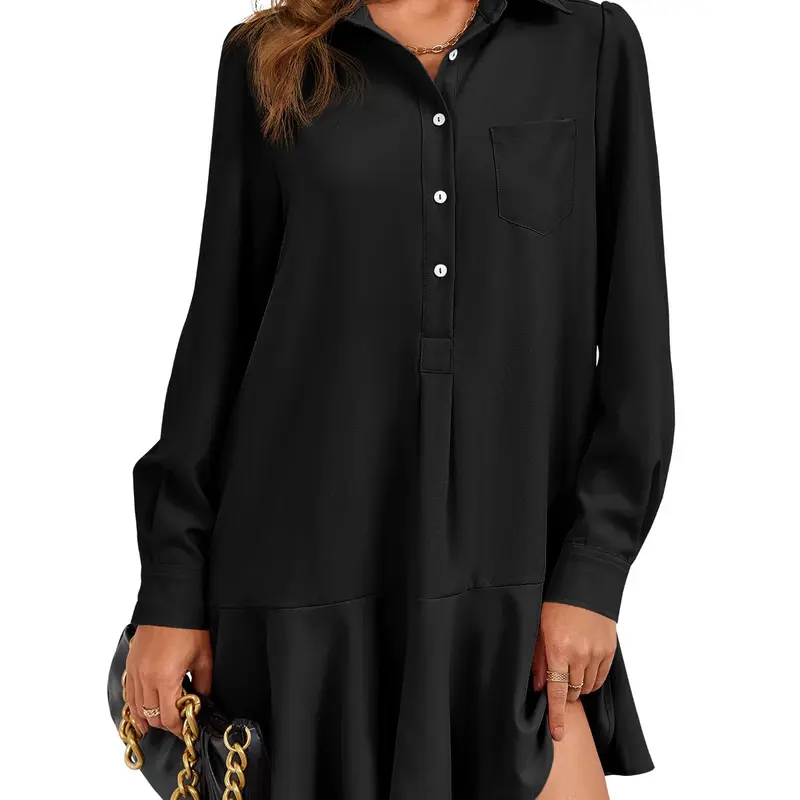 Wenrine Women's Woven Fabric Button-Up A-Type Dress - Long Sleeve, Collared, Pleated, Drape Swing Mini Dress with Pocket, Minimalist Business Casual Wear