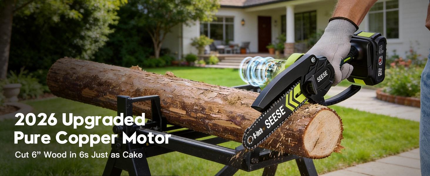 SEESE 6 Inch Brushless Chain Saw with  Batteries (2000mAh) - Portable Electric Cordless Saw for Wood Cutting, Pruning, Gardening, Camping - Suitable for Seniors, Women Holiday gifts