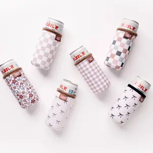 Slim Can Drink Sleeves- Reusable Neoprene Coolers with Aesthetic Patterns, 12oz Skinny Can Holder for Seltzer Energy Drinks
