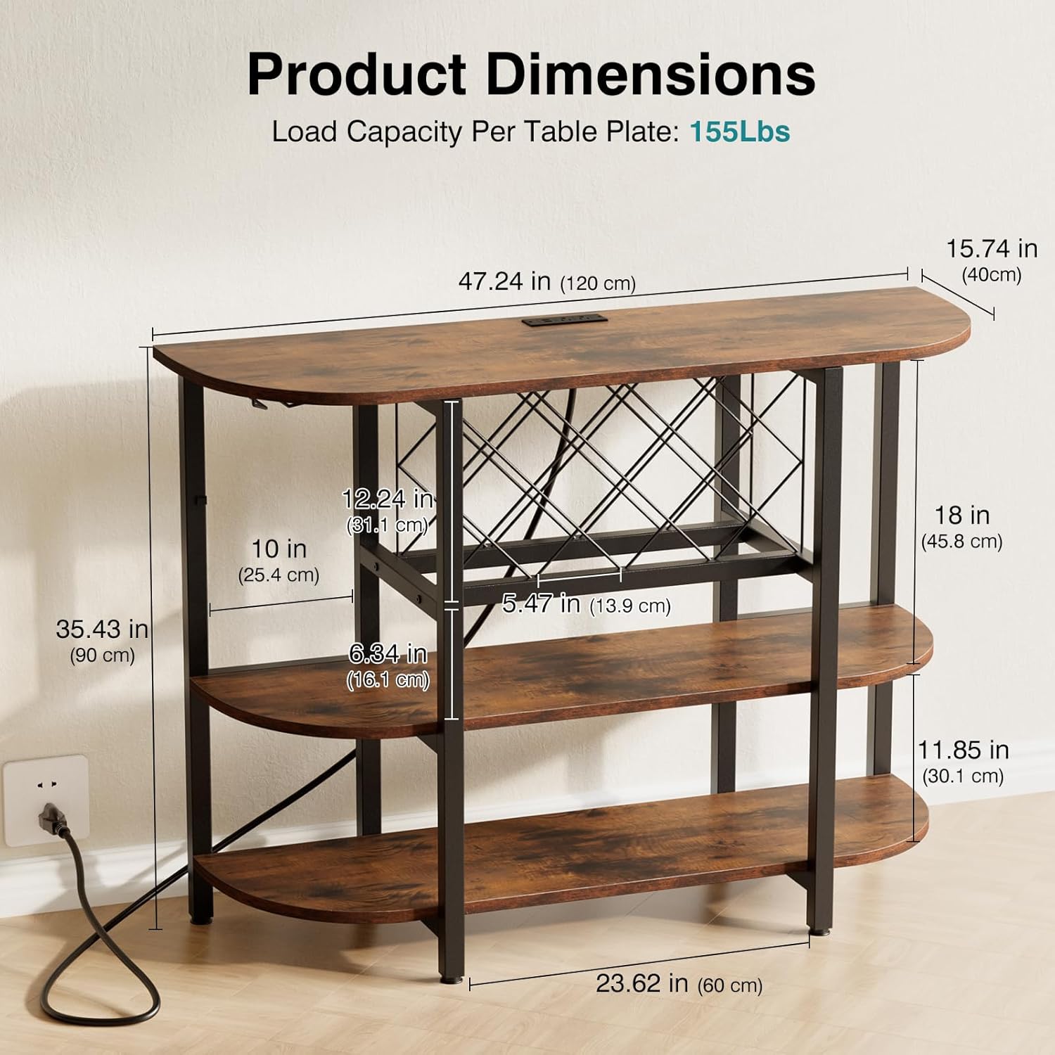 Wine Rack Table with LED Lights & Power Outlets, Floor Liquor Cabinet with Glass Holder, Adjustable Wine Storage, Coffee Bar Table Sideboard for Home, Rustic Brown/Gray