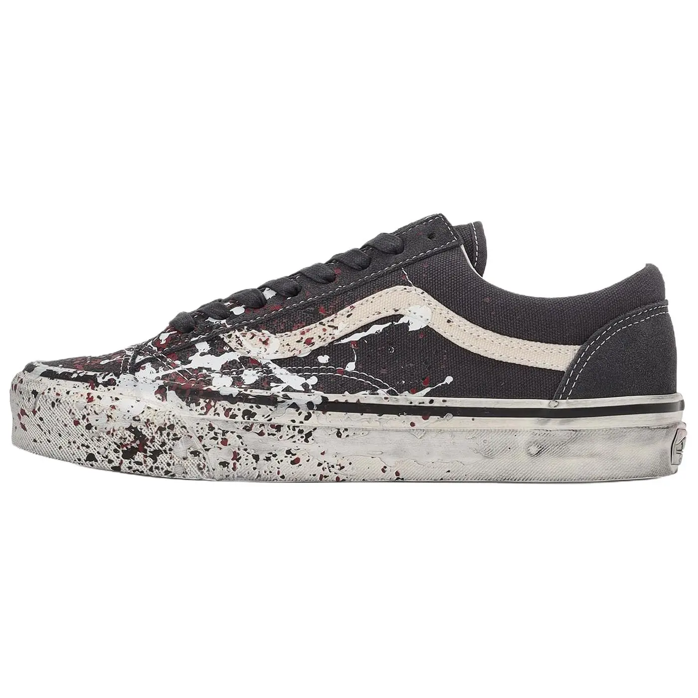Vans Old Skool 36 Classic Athletic Sneakers - Distressed Paint Splatter Design, Charcoal Grey, Unisex Streetwear Edge Sports Trainer (Runs Small)
