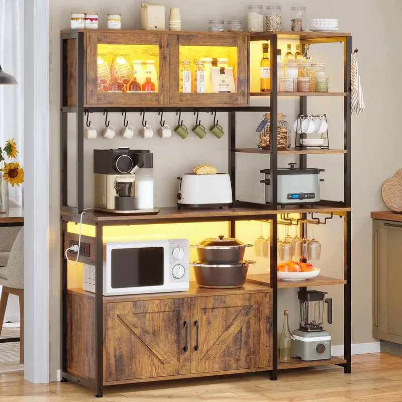 Sikaic 45.3 Inches Farmhouse Coffee Bar Bakers Rack with Power Outlet and LED Light Cabinet Kitchen with Storage Bookshelf Microwave Stand, Home Furniture, Dorm Essentials [tiktokshopbacktoschool]