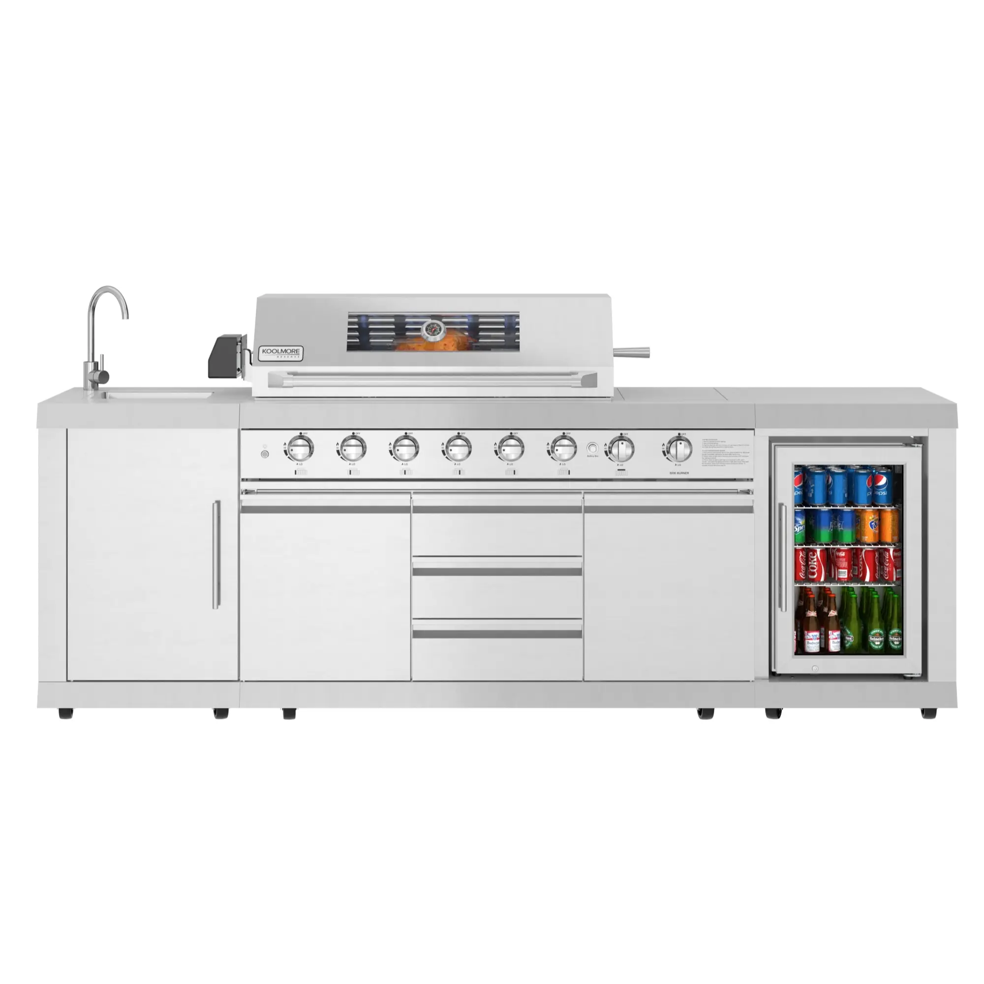 KoolMore Reserve Stainless-Steel Outdoor Kitchen Island (KM-OKS-BQHUB) - 6-Burner Grill, Side Burner, Sink, Adjustable Storage Cabinet, Waterproof Beverage Refrigerator, Glass Window, LED Lighting, 21-Gauge Thickness, Cast Iron Griddle