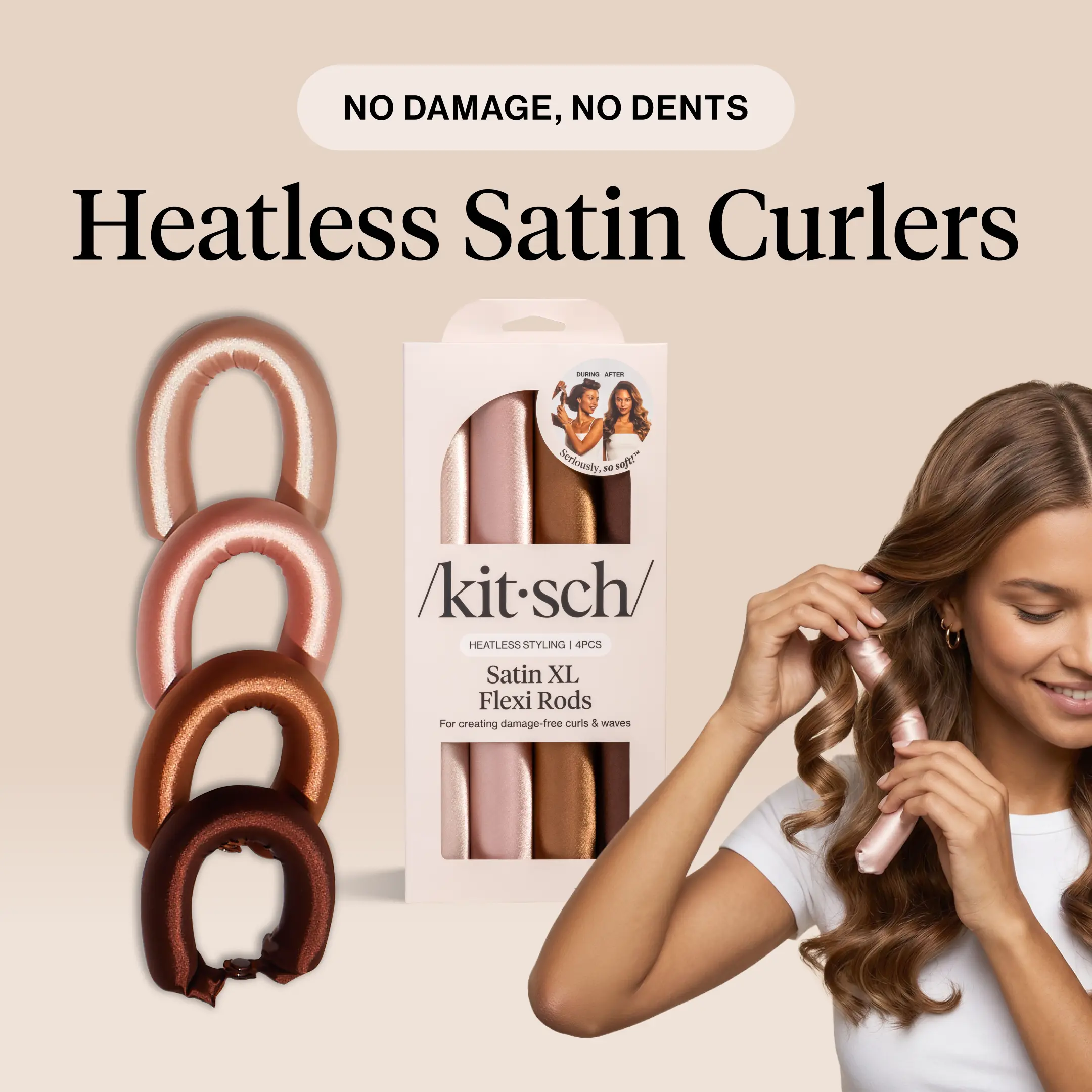 No Damage, No Dents Heatless Satin Curlers - Kitsch Heatless Overnight Curling Rods - 4PC Jumbo-Sized -  Heatless Hair Curler Heat Free Curls Heatless Styling Tools Heatless Curling Wrap Heatless Curls Overnight