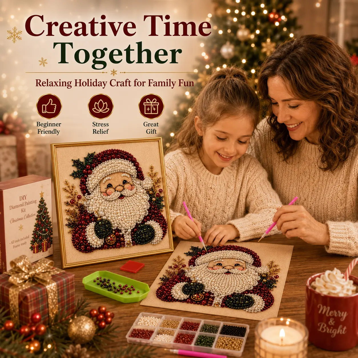 Frameless 3D beaded Christmas pearl and diamond painting, Santa Claus garland sock mosaic art, stress-relieving DIY home wall decoration Christmas gift